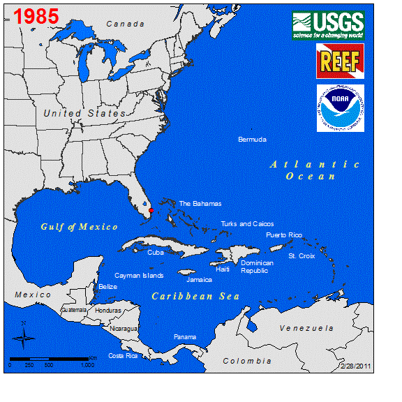 USGS animation of lionfish sightings from 1985 to 2013